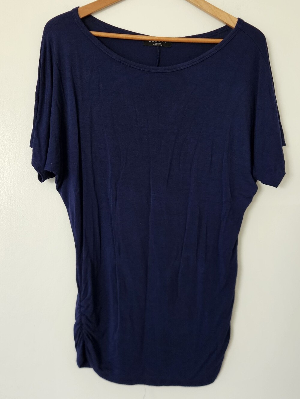Made by Johnny Womens Top L Navy Blue USA made Ruched Dolman Sleeve